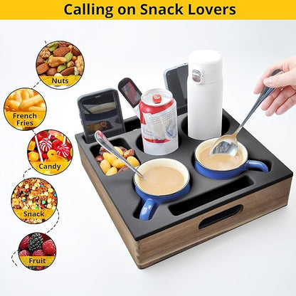 KindGa Couch Cup Holder, Waterproof Anti-Spill Couch Drink Holder for Snacks Beverage Remote, Food Grade Silicone Wooden Couch Caddy for Bed Car Seat Beach Tray (Black)