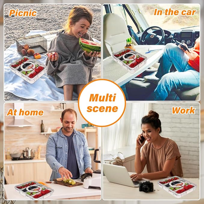 YFUIF Portable Fruit Storage Containers for Fridge, 4 Compartments Snack Box Container, BPA-Free Divided Serving Tray with Lid for Veggie, Clear Snack Tray Candy Tray