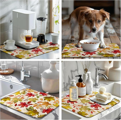 Wnoesat Fall Drying Mat for Kitchen Counter 16 x 18 Inch Maple Leaves Autumn Thanksgiving Harvest Dish Drying Mats Absorbent Microfiber Dish Draining Washable Reversible Dishes Pad