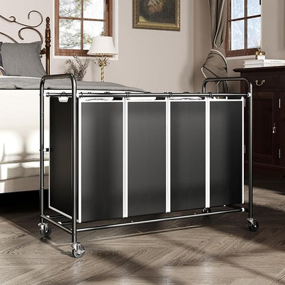 ROMOON Laundry Hamper Sorter Cart: 4-Section Organizer with Heavy-Duty Lockable Wheels and Removable Bags | 172L Rolling Laundry Basket for Dirty Clothes in Laundry Room or Small Spaces (Black)