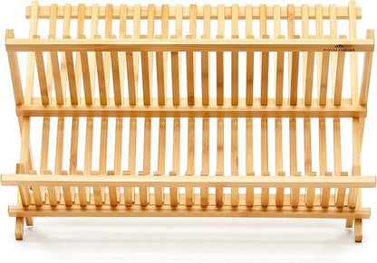 RoyalHouse Premium Natural Bamboo Dish Rack, Collapsible Dish Drainer, Foldable and Compact Dish Drying Rack for Kitchen Counter