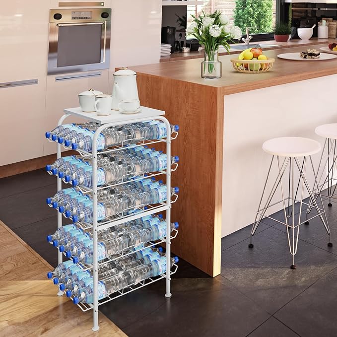 Vrisa 5 Tier Water Bottle Storage Rack Vertical Freestanding Bottled Water Organizer Large Capacity Beverage Drink Soda Can Holder Stand for Kitchen Pantry Home Party Food Storage, White