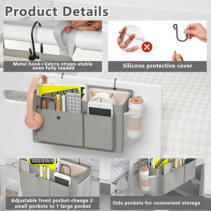 Edudif Bedside Caddy Bedside Organizer with Fixed Straps & Water Bottle Holder, Bunk Bed Caddy ideal for Home, Dorm, Hospital, Crib, Versatile Bedside Storage Solution (Grey 2pcs)