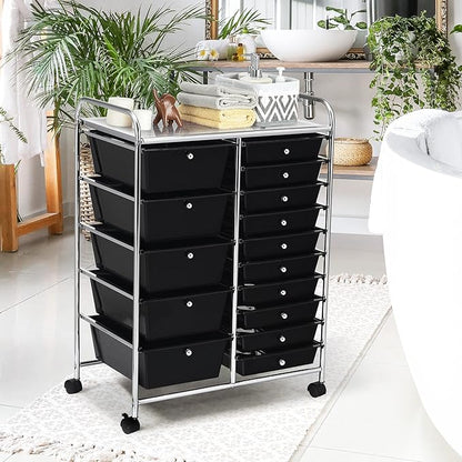 KOTEK 15-Drawer Rolling Storage Cart, Multipurpose Mobile Utility Cart with 4 Wheels, Home Office School Tools Scrapbook Paper Organizer (Black)