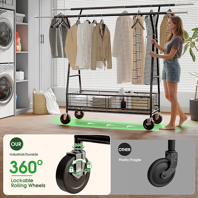 Raybee Heavy Duty Clothes Rack 630LBS, Double Rods Clothing Rack with Storage Basket, Portable Garment Rack for Heavy Clothes, Extendable & Adjustable, Bedroom, Closet, Commercial, Black