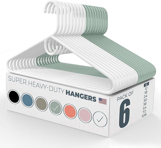 Neaties Super Heavy Duty Clothes Hangers 6 Pack – Made in The USA - 10lb Capacity, Thick Plastic Hangers for Pants, Coats, Jackets, Jeans and Adult Clothing – White & Mint