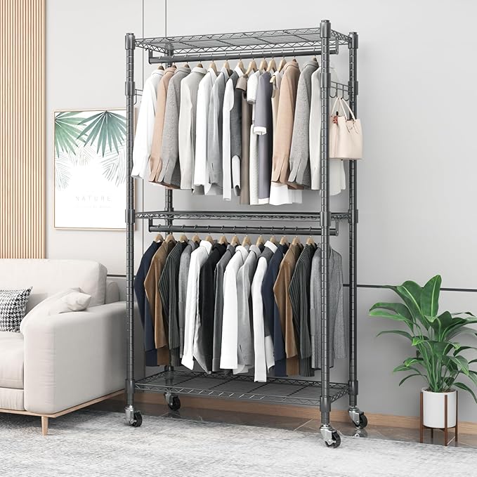 BATHWA Heavy Duty Garment Racks,35.5" D x 16.5" W x 80.7" H, Rolling Clothes Rack with Shelves Wheels 2 Rods for Shirt Clothing Hanging Tall Wardrobe Closet Multifuctional for Bedroom Laundry balcony