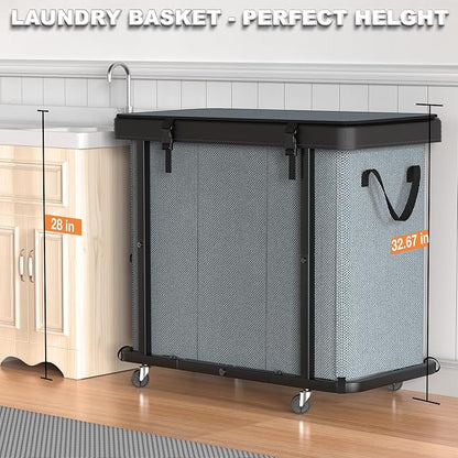 230L (60 Gal) Large Fashion Laundry Basket with Wheels, Leather Patchwork Laundry Sorter 3 Section, Sturdy Metal Frame, Removable Washable Bag, Tall Clothes Sorter for Bedroom - Gray
