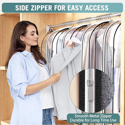 Clear Garment Bag for Hanging Clothes 10” Gusseted, 50” Suit Bags for Open Closet Storage Plastic Clothes Cover for Coat, Dress, Shirts, Fur, Jacket, Wardrobe Protectors, 4 Pack