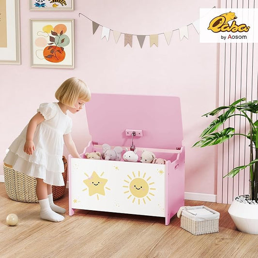 Qaba Toy Box with Lid, Toy Chest with Safety Hinges for Kids Boys Girls, Storage Organizer for Living Room, Playroom, Nursery, Bedroom, 24" L x 15" W x 15" H, Pink