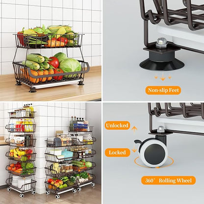 Miyawell Fruit Vegetable Storage Basket for Kitchen - 6 Tier Stackable Metal Wire Baskets Cart with Rolling Wheels Utility Fruits Rack Produce Snack Organizer Bins for Pantry Bathroom Laundry Bronze