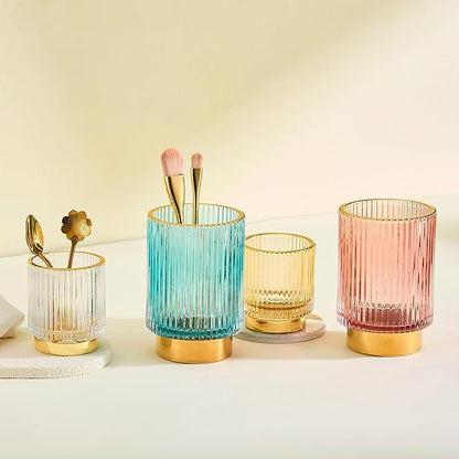 LEICURACE Makeup Brush Holder Organizer,Toothbrush Holders,Desk Pen Pencil Holder,Multifunctional Vintage Glass Brush Cup（S/White/A3-14-US）