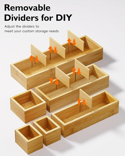 12-Piece Bamboo Desk Drawer Organizer Set – Adjustable Storage Boxes with 24 Compartments, Non-Slip, Modular Design for Office, Jewelry, Vanity, and Kitchen Utensil Drawer Storage