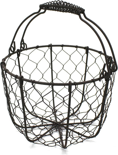 CVHOMEDECO. Round Chicken Wire Egg Basket Fruit Basket with Swing Handles Primitives Vintage Gathering Basket. Rusty