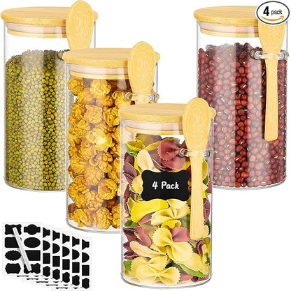 Glass Jars with Bamboo Lids and Spoon - 4 Pack 23 Fl.oz Glass Jars with Airtight Lids, Includes Labels and Marker, Pantry Canister for Cereal, Tea, Flour Sugar Coffee Containers