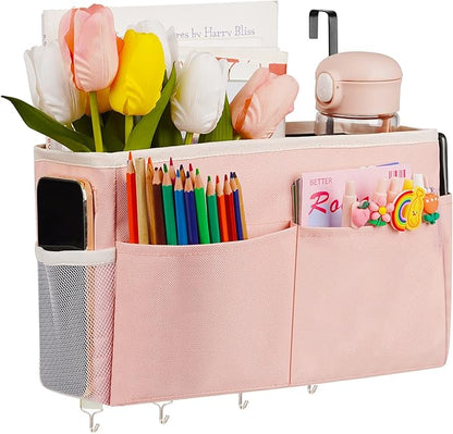 Frjjthchy Bedside Storage Organizer 5 Pockets with 4 Hooks Hanging Storage Bag for Headboards/Bunk Bed (Pink)