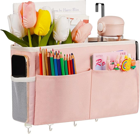 Frjjthchy Bedside Storage Organizer 5 Pockets with 4 Hooks Hanging Storage Bag for Headboards/Bunk Bed (Pink)