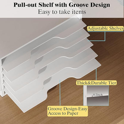 12x18 Construction Paper Organizer,6-Tier Adjustable Literature Organizer,Large Wooden File Sorter with Side Pocket,Office Mailbox for Home,Classroom,Office (White, Large 6 Slots)