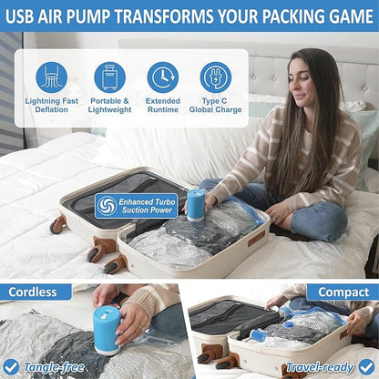 10 Pack Travel Vacuum Storage Bags with Rechargeable Wireless Electric Pump for Luggage, Suitcase, Carry-on Size Vacuum Seal Compression Space Saver Bags for Clothes and Clothing Travel