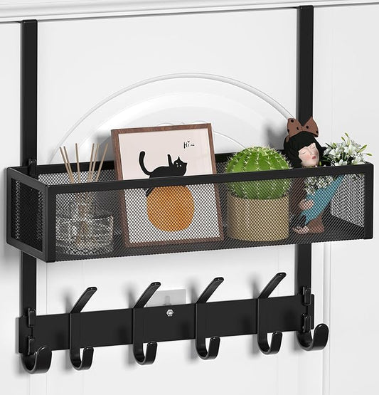 Aimeaihe Over The Door Hooks Organizer, Over The Door Towel Rack with Mesh Basket, 10 Coat Hooks and 2 Wreath Hangers, Bathroom Door Organizer Back of Door Hanger for Bedroom, Kitchen(Black)