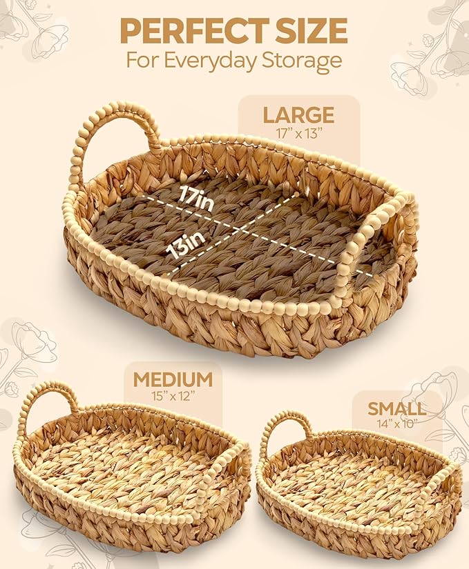 Handwoven Water Hyacinth Storage Baskets for Toilet, Living Room, Nursery Organization - Natural Oval Set of 3 Versatile Nesting Baskets with Scalloped Edge Design & Handles