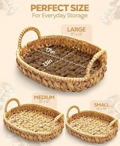 Handwoven Water Hyacinth Storage Baskets for Toilet, Living Room, Nursery Organization - Natural Oval Set of 3 Versatile Nesting Baskets with Scalloped Edge Design & Handles