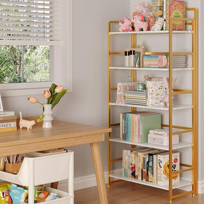 JSB No Assembly Folding Bookshelf, 5 Tier Book Shelf for Storage, Vintage Wood Foldable Bookcase for Living Room, Bedroom, Office Organization Shelves