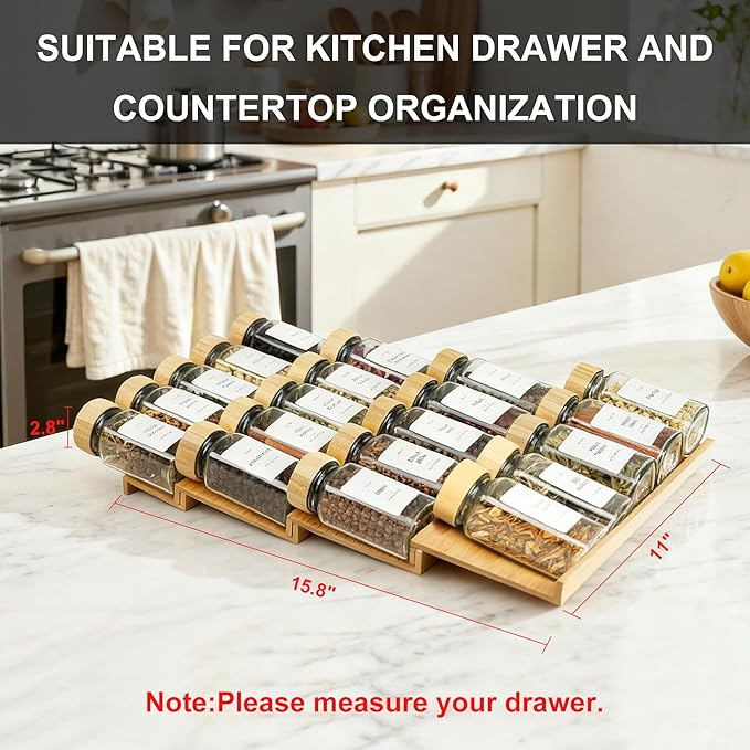 KitHero Spice Drawer Organizer with 20 Bamboo-lidded Spice Jars,216 Labels,25 Non-slip Rubber, Bamboo 4 Tier Seasoning Rack Tray Insert for Kitchen Drawers,Cabinets,Countertop,11" Wide x 15.8" Deep