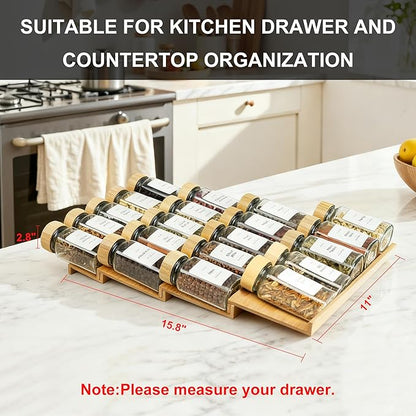 KitHero Spice Drawer Organizer with 20 Bamboo-lidded Spice Jars,216 Labels,25 Non-slip Rubber, Bamboo 4 Tier Seasoning Rack Tray Insert for Kitchen Drawers,Cabinets,Countertop,11" Wide x 15.8" Deep