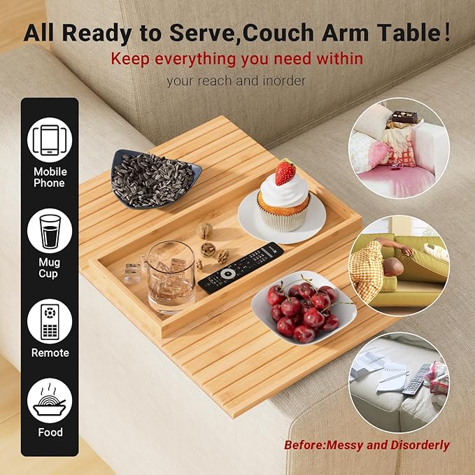 Couch Arm Tray,Sofa Arm Tray Bamboo Sofa Tray Table for Couch,Anti-Slip Arm Table Clip On Tray Sofa Table,Foldable Sofa Armrest Tray Couch Cup Holder for Snacks,Phone,Remote,Cups