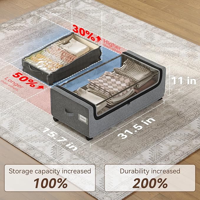 VicHomey Under Bed Storage With Wheels, Tall Under The Bed Storage, Underbed Storage Containers With Lids, Metal Frame, 90L Capacity, Large Size