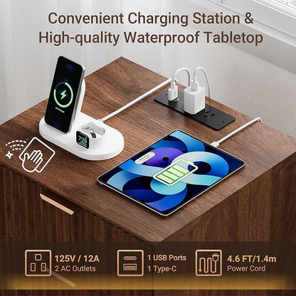 FavourLife Fluted Nightstand, Night Stand Set 2, Nightstands Set of 2 with Beveled Edges & Solid Wood Legs, 2 Drawer Wooden End Table with Charging Station, Modern Bedside Table for Bedroom, Walnut