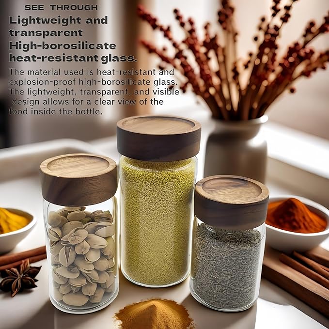 3pcs Airtight Glass Storage Jars with Acacia Wood Lids Kitchen Storage Tank for Grains Sugar Coffee Tea Spices