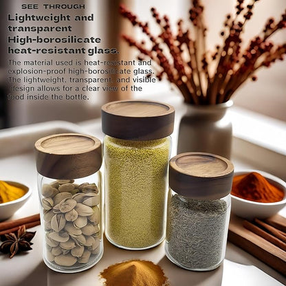 3pcs Airtight Glass Storage Jars with Acacia Wood Lids Kitchen Storage Tank for Grains Sugar Coffee Tea Spices