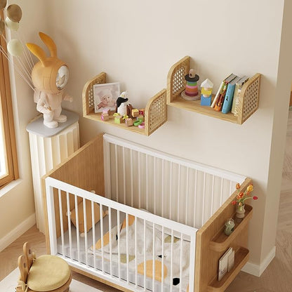 Rattan Shelf Set of 2, Natural 8 Inch Deep Wooden Hanging Bookshelf, Cute Nursery Shelves Wall Mounted, Boho Decorative Floating Shelves for Kids Room, Living Room, Play Room, Bedroom