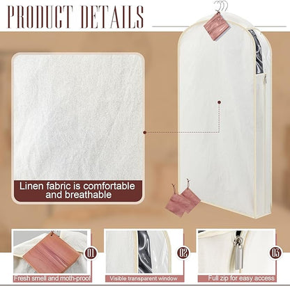 2 Sets 40 Inch Linen Fabric Bags for Hanging Clothes and Storage with Cedar Blocks for Fresh Smell and Moth Protection Sandpaper for Suit Fur Coat Jacket Sweater