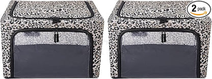 Periea Oxford Cloth Steel Frame Storage Boxes - Under-Bed or in Closet - Pack of 2 Small Organizers (Jaguar Print)