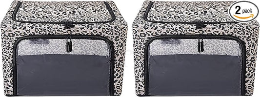 Periea Oxford Cloth Steel Frame Storage Boxes - Under-Bed or in Closet - Pack of 2 Small Organizers (Jaguar Print)