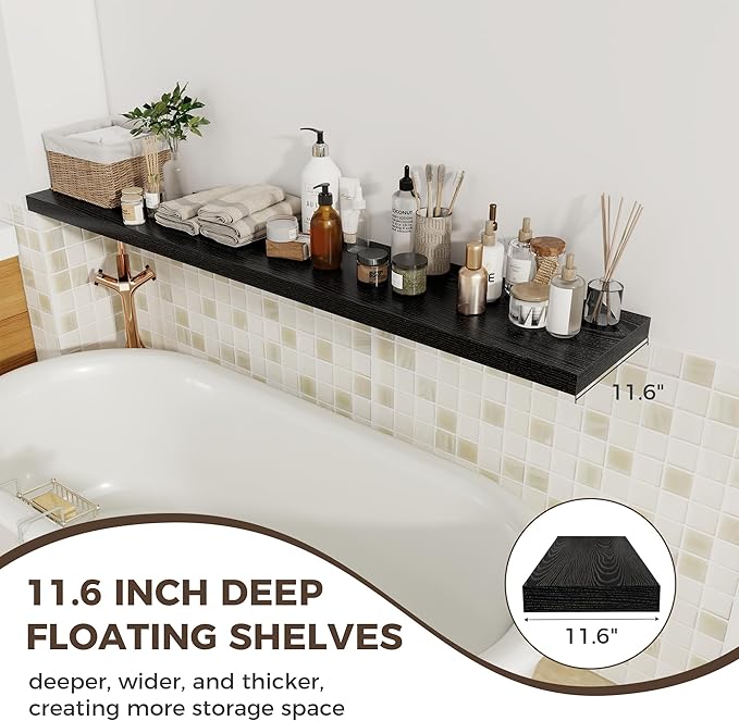 Fun Memories 12 Inch Deep Floating Shelves, 67 Inch Long Extra Large Floating Shelves Set of 2, Rustic Wood Wall Shelves for Living Room, Kitchen, Bedroom, Farmhouse, Laundry Room, Home Office - Black