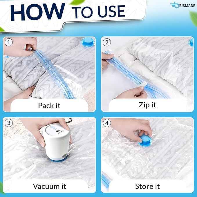 Vacuum Seal Bags for Clothing Travel – 10 Pack Compressed Vacuum Storage Bags with Rechargeable Air Pump – Carry-on Size Small, Medium & Large Space Saver Storage Bag for Suitcase and Luggage