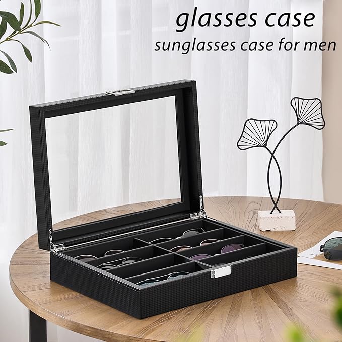 BEWISHOME Glasses Organizer for Men, Sunglasses Organizer, 8-Slot Sunglasses Storage Case with Large Clear Glass Lid, PU Leather Lined Eyewear Display Box
