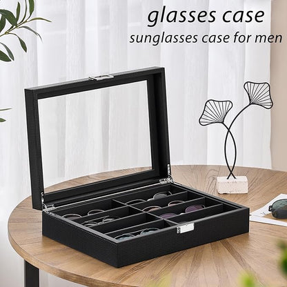 BEWISHOME Glasses Organizer for Men, Sunglasses Organizer, 8-Slot Sunglasses Storage Case with Large Clear Glass Lid, PU Leather Lined Eyewear Display Box
