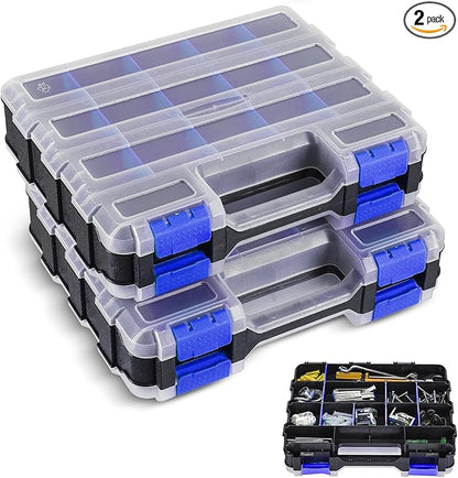 NATGAI 2 Pack Small Parts Organizers, 34-Compartments Double-Sided Tool Box with Removable Dividers for Hardware, Screws, Bolts, Nails & Fishing Accessories, Durable Plastic Storage Case (Blue)
