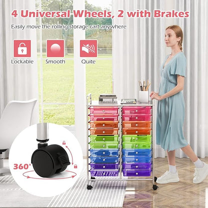 Rolling Cart with 20 Drawers, 20 Tiers Multicolor Trolley, Drawer Bin Carts with 2 Lockable Wheels, Adjustable File & Debris Organizer Cart, Rolling Storage Cart for Office, School, Home