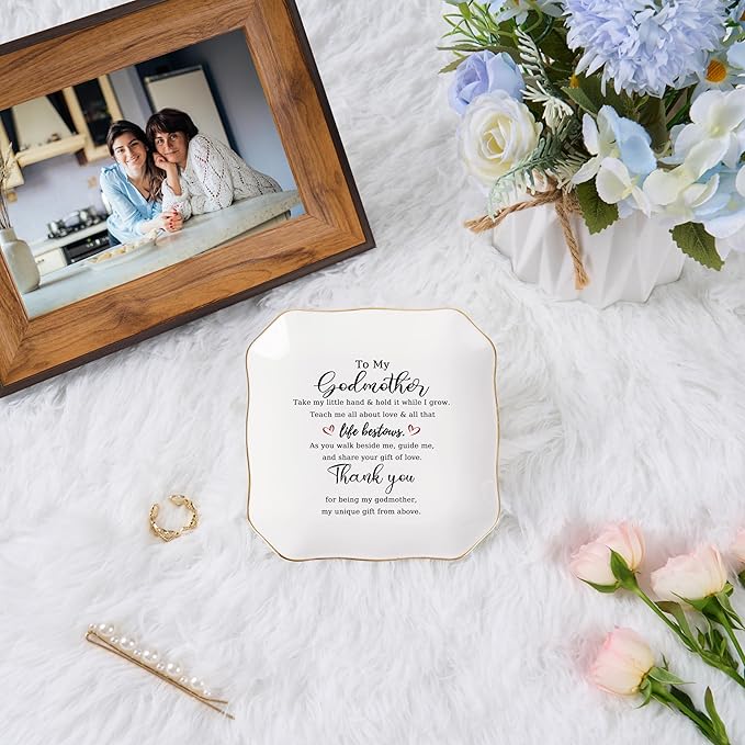 Jelershy Godmother Gift Trinket Dish Jewelry Tray - To My Godmother Christmas Valentines Mother's Day Birthday Gifts for Godmother from Goddaughter, Madrina Gifts - Thank You for Being My Godmother