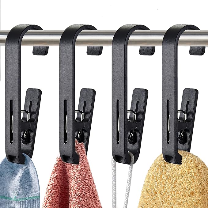 XoYoZo Laundry Hooks with Clips Hanger Closet Organizer Clamps Socks Boot Bras Towels for Bathroom Wardrobe Kitchen Office 4Pcs (Black)