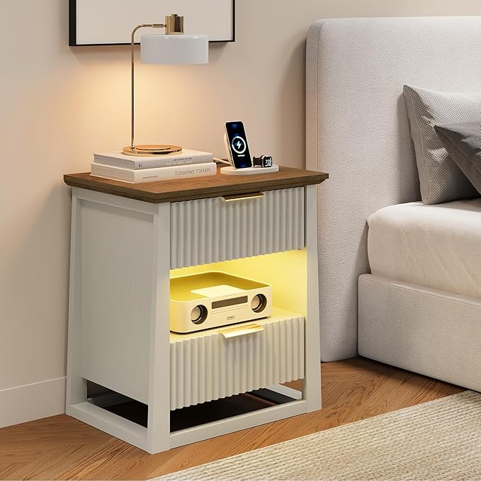 HIFYOBRO Fluted Nightstands Set of 2 with Charging Station & Motion Sensor Light, Modern Bedside Tables with 2 Drawers and Storage Shelf for Bedroom, White