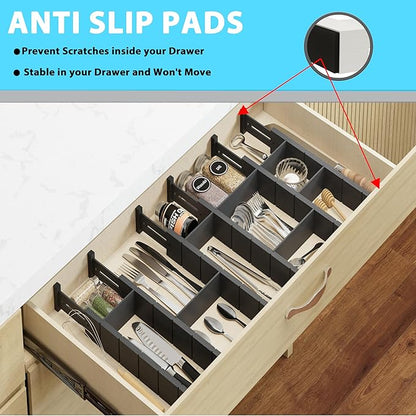6 Pack Bamboo Drawer Dividers with 12 Inserts, Expandable Adjustable Clothes Drawer Organizers and Storage from 17" to 22" for Kitchen, Bedroom, Dresser, Cosmetics (Black)