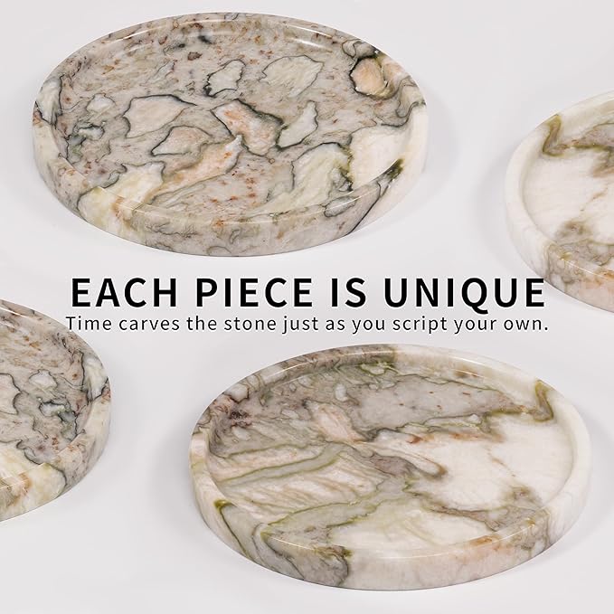 LWALMS Marble Perfume Jewelry Tray - Stone Trinket Ring Key Purse Holder Dish, Round Plate Decorative Bowl for Nightstand Entryway Coffee Table Decor (7.9 inch)