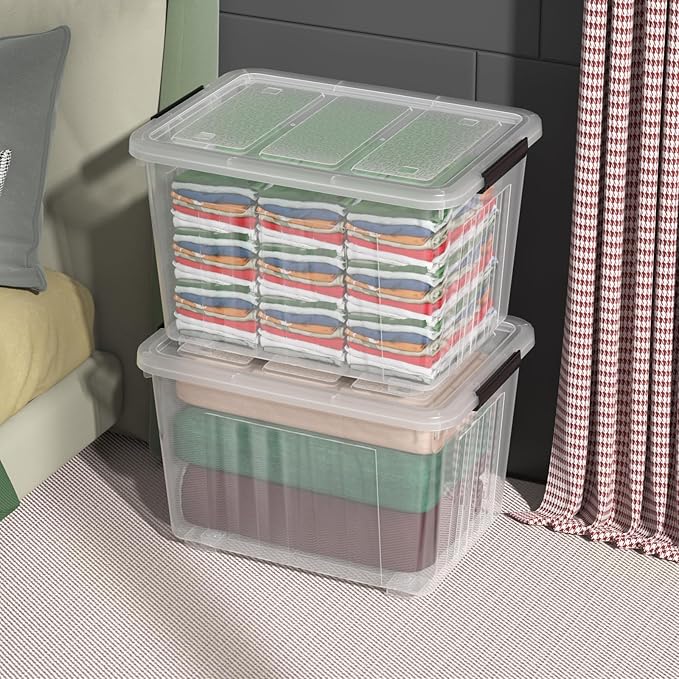 4 Packs Large 70 L Plastic Stackable Storage Bins with Wheels and Latching Lid, Clear Storage Container Tote